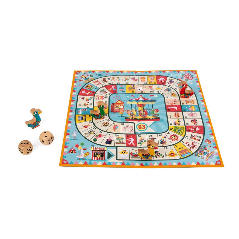 Gioco dell'oca con pedine e dadi in legno, il più grande classico dei giochi da tavolo, dai 2 ai 4 giocatori